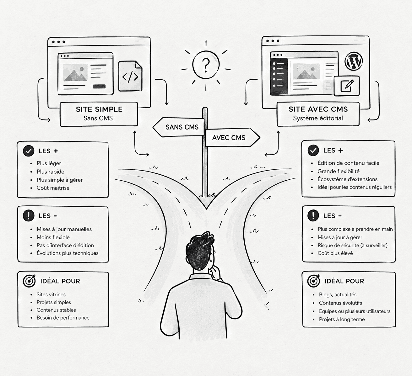 Illustration représentant le choix entre un site simple sans CMS et un site utilisant un système de gestion de contenu.